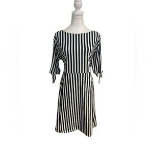 ASOS Size 16 Navy Blue & White Striped Dress Bow Sleeve Mid-Length Casual